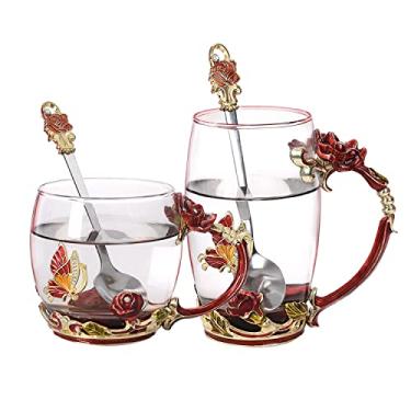 Imagem de WOBOX Xícara de café de vidro, caneca de chá e presentes com colher, conjunto artesanal de esmalte borboleta flor rosa para presente de dia das mães, feminino (2 pacotes vermelhos)