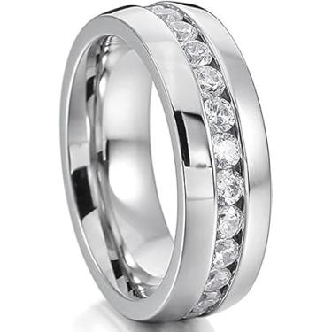Imagem de FuZhiBang NL19 Anel de noivado masculino feminino 6 mm titânio aço inoxidável altamente polido 18 K conjunto de canais zircônia cúbica CZ promessa anel de noivado unissex ouro ajuste confortável,