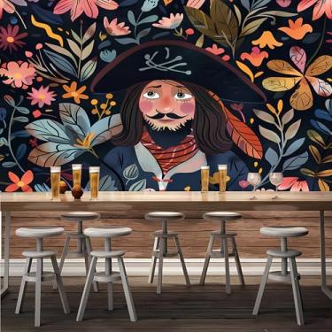 Imagem de Lcythiazole Mural de papel de parede de flores e plantas verdes pintados à mão com tamanho personalizável, adesivo de papel de parede de capitão de desenho animado para restaurante, sala de estar,