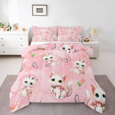 Imagem de Manfei Jogo de cama fofo de gato, para meninos e meninas, rosa e borboleta, para todas as estações, aconchegante, conjunto de edredom para decoração de quarto, presentes de festival