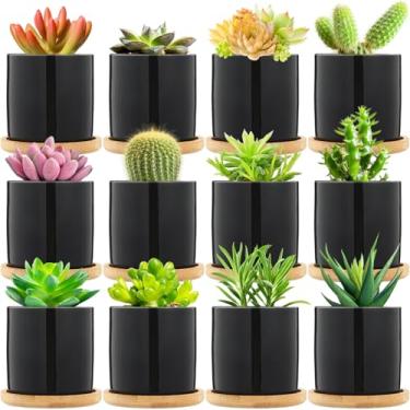 Imagem de Cindeer Pacote com 12 vasos pequenos para suculentas, vaso de cerâmica de 7,6 cm e bandeja de bambu com orifício de drenagem, mini vasos de plantas para suculentas, cactos, decorações de jardim