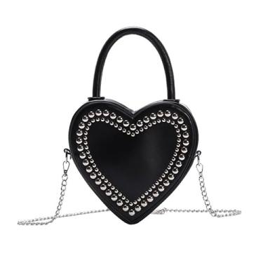 Imagem de Bolsa transversal, estilo punk, rebites de dupla face, costas de ombro único em formato de coração, alça de corrente em forma de coração, Preto