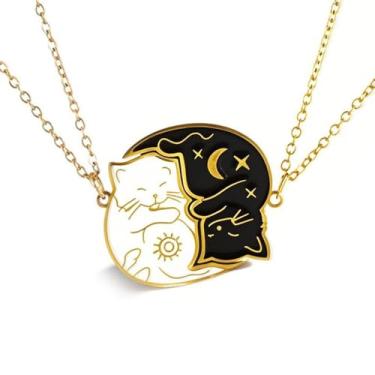 Imagem de 2 peças de colar de aço inoxidável combinando Best Friends preto e branco com pingente de gato BFF joias para casais para mulheres, 50cm, Aço inoxidável, Sem Pedra Preciosa