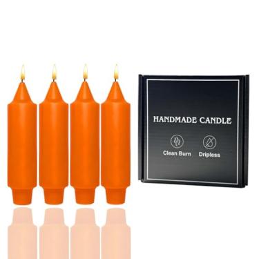 Imagem de Velas cônicas laranja de 12,7 cm, conjunto de 4 velas cônicas feitas à mão, castiçais pequenos, velas afuniladas sem gotejamento, para jantar em casa, festa, casamento, Halloween (4, laranja, 12,7 cm)