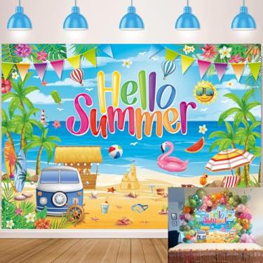 Imagem de Hello Summer Pano de fundo havaiano praia fotografia fundo tropical oceano tropical prancha de surf faixa de palmeira para decoração de festa na piscina Aloha verão havaiano suprimentos (20 x 1,8 m: