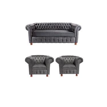 Imagem de 1 Sofá 1.80 + 2 Poltronas Chesterfield Luiz xv Suede Cinza Camuça /barbearia, casa, decoração, recepção, sala, escritorio