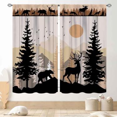 Imagem de Cortinas para casa de fazenda, rústica, retrô, floresta, urso, pinheiro, silhueta, caça, acampamento, casa de campo, chalé, janela, tratamentos para cozinha, quarto, sala de estar, 2 painéis, 160 x