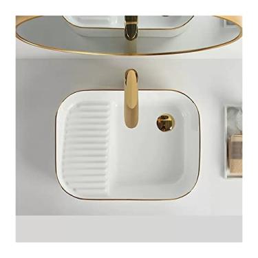 Imagem de Pia de vaso sanitário pia de vaso de porcelana branca pia de vaso de cerâmica retangular pia de banheiro acima do balcão tigela de pia de porcelana vaso de banheiro pia de lavatório de arte de lavagem