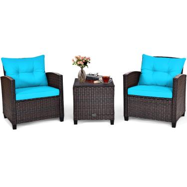 Imagem de Conjunto de 3 peças de móveis de pátio Tangkula, vime de Ratã PE 3 peças conjunto de sofá para uso externo com almofada lavável e mesa de vidro temperado, móveis de conversa para jardim piscina varanda (turquesa)