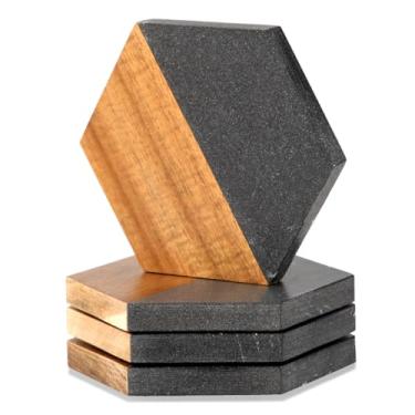 Imagem de WLWNWFT Porta-copos de mármore preto de madeira para bebidas, conjunto de porta-copos hexagonal rústico moderno de acácia decorativa para mesa de café, caneca de cerveja, Natal, inauguração de casa
