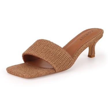 Imagem de COMJUY Sandálias femininas Raffia Mule com bico quadrado, salto gatinho, chinelos de salto trançado para vestido de verão e férias, Marrom, 40