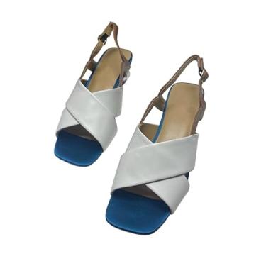 Imagem de Sandálias femininas de verão da moda britânica, azul, branca, couro bovino, confortável, sandálias de salto alto para deslocamento, Azul, 38