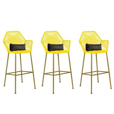 Imagem de Kit 03 Banqueta Alta Com Encosto Sttar Ferro Dourado Fibra Amarelo Almofada Suede Cinza