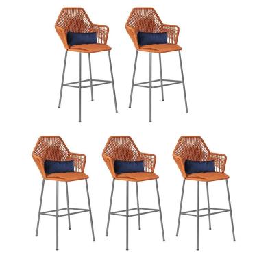 Imagem de Kit 05 Banqueta Alta Sttar Ferro Prata Fibra Terracota Almofada Sintético Azul Marinho