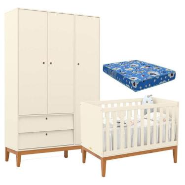 Imagem de Berço Americano E Guarda Roupa Unique 3 Portas Off White Eco Wood Com Colchão Ortobom - Matic