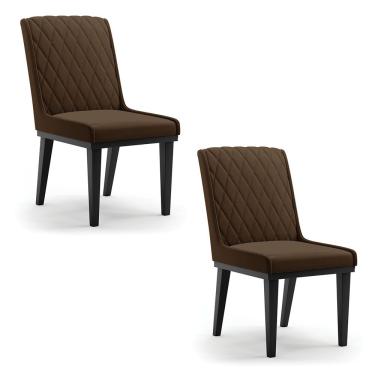 Imagem de Cadeira Sala De Jantar Base Madeira Preto Kit 2 Sofia Suede Marrom D03 - D'rossi