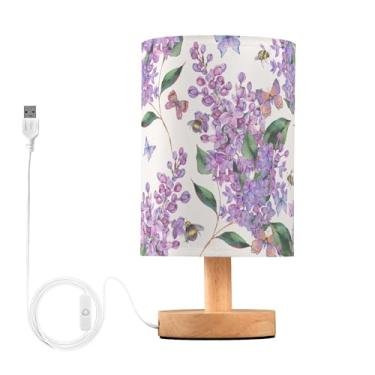 Imagem de YYZZH Abajur De Mesa Com Flor Lilás Roxa, Abelha, Borboleta, Natureza, Floral, Cabeceira Base Madeira, Tecido, Para Sala Estar, Quarto, Escritório Infantil