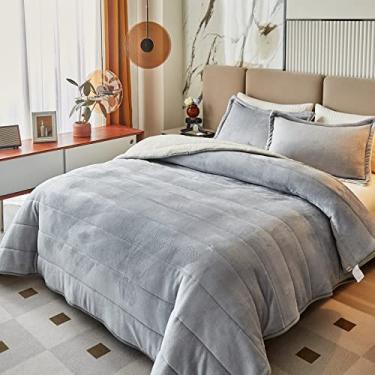 Imagem de Cobertor de cama grosso de lã de flanela de luxo de 3 camadas, tamanho queen casal, cobertor de lã de ovelha de veludo macio com 2 fronhas, quente para o inverno, respirável e lavável, cinza