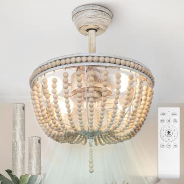 Imagem de Frstem Ventilador De Teto Estilo Boho 18" Com Luz, Lustre Contas Madeira E Controle Remoto, Haste 4" 8", Sem Lâminas, Perfil Baixo, 6 Velocidades, Reversível, Motor Silencioso Para Sala Estar, Quart