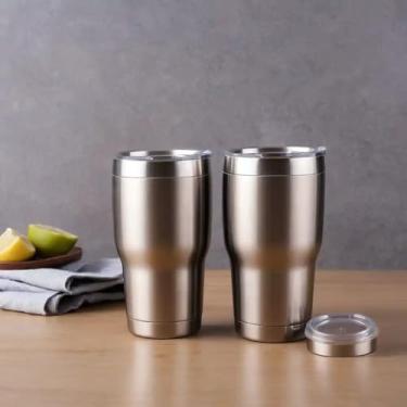 Imagem de Copo Térmico Parede Dupla em Aço Inox Bege 350ml com Tampa Rosqueável - Estilo Premium