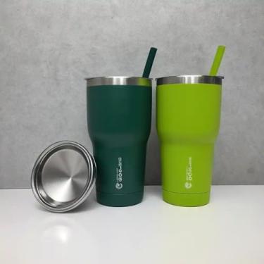 Imagem de Copo Térmico Parede Dupla em Aço Inox Verde 350ml com Canudo - Estilo Esportivo