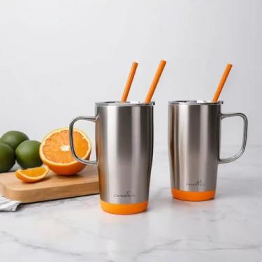 Imagem de Caneca Térmica Parede Dupla em Aço Inox Laranja 550ml com Canudo - Estilo Minimalista