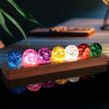 Imagem de LOSCHEN Bolas De Gelo Rachado 7 Cores, Cristal Core Memories Com Base Madeira Sapele Led, Conjunto Esferas Cura Natural Para Meditação Em Sala Estar E Decoração Energia Positiva