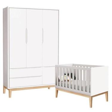 Imagem de Berço Americano E Guarda Roupa Classic 3 Portas Branco Com Pés Madeira