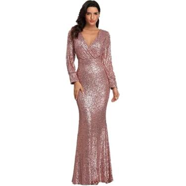 Imagem de Vestido Longo De Coquetel De Noite Sereia Vestido De Festa Longo Formal Feminino Vestido De Baile Manga Longa Elegante Vestido Maxi De Lantejoulas, Pink, L(Bust:96-101cm)