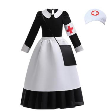 Imagem de Uivic Wartime Girl Nurse Costume Includes Black Dress White Apron Nurse Hat Headband Red Cross Armband Party Dress Up (Black, 4years-5years)