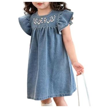 Imagem de WDIRARA Toddler Girls Cute Floral Embroidery Ruffle Cap Sleeve Denim Short Dresses Medium Wash 7Y