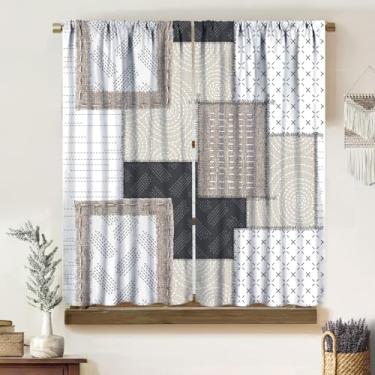 Imagem de Cortinas de retalhos rurais, boho vintage, étnico, rústico, bege, cinza, geometria, colagem, padrão sem costura, tratamentos de janela, blecaute, para sala de estar, quarto, banheiro, cozinha, 107 x