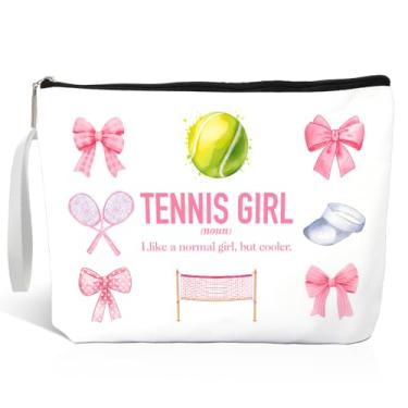 Imagem de Haizct Bolsa de maquiagem fofa para meninas de tênis com zíper, bolsa de cosméticos engraçada, presente para amantes de tenistas, aniversário de agradecimento para fã de treinador, presentes para