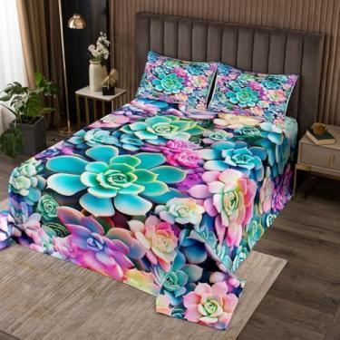 Imagem de Conjunto de cama solteiro com suculentas, cacto, planta verde, 2 peças, conjuntos de edredom botânico tropical para decoração de quarto de crianças, adolescentes, mulheres, adultos, colcha com tema de