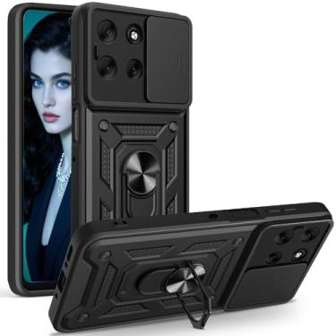 Imagem de Capa CSmall para Motorola Moto G56 com capa de lente de câmera deslizante, grau militar à prova de choque com anel giratório para Motorola G56 SJ preta