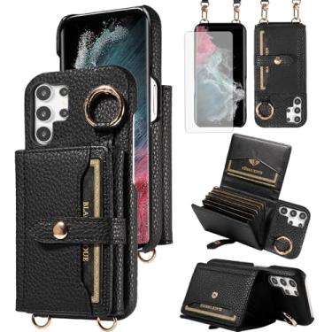 Imagem de Furiet Capa carteira para Samsung Galaxy S24 Ultra 5G com tela de vidro temperado, alça de ombro, fivela de anel, bolsa de órgão, suporte de cartão de couro PU para S24Ultra 24S S 24 24Ultra preta