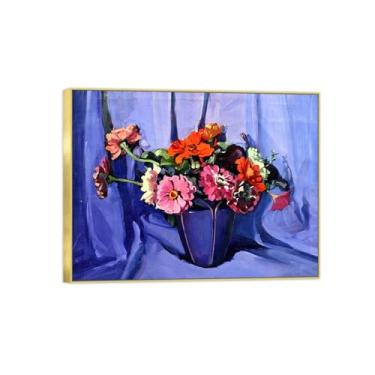 Imagem de BMZFYBS Moldura dourada - arte de parede em tela de flor pinturas famosas - decoração de imagens - Zinnias-pôster e impressões para sala de estar 70 x 90 cm 27 x 35 pol