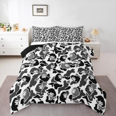 Imagem de Conjunto de edredom camuflado, tamanho casal, para crianças, meninos, meninas, macaco, camuflado, caça, decoração de quarto, microfibra cinza e preta, 3 peças com 2 fronhas