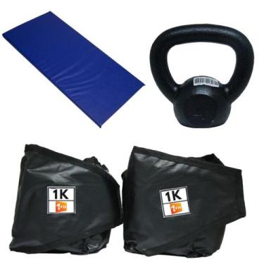 Imagem de Kit Colchonete Azul + Par de Caneleira 1Kg + kettlebell Pintado 4kg - 