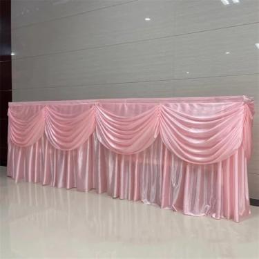 Imagem de Saia de mesa longa opcional de seda gelada de 10/20 pés, saia de mesa plissada colorida com babados e swag para decoração de mesa de buffet de aniversário e casamento, rosa, A75 x L300 cm (10 pés)