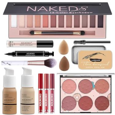 Imagem de Kit completo de maquiagem profissional para mulheres, inclui paleta de sombras de 12 cores, base líquida e corretivo, batom líquido, blush facial, pincel de maquiagem, sabonete para sobrancelhas, carimbo de delineador alado
