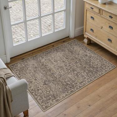 Imagem de HUGEAR Tapete de entrada 2x3 retrô marrom pequeno lavável à máquina tapete de porta vintage floral baixo tapete de pilha baixa aspirável envelhecido tapete entrada cozinha banheiro quarto