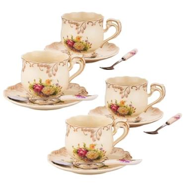 Imagem de CHILDIKE Conjunto de 4 xícaras de chá e pires de porcelana marfim floral 227 g com acabamento dourado, xícaras de chá vintage com colher, estilo europeu, presente de Natal (floral colorido)
