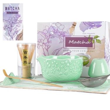 Imagem de Conjunto de batedor Matcha, conjunto de 7 peças - tigela matcha de cerâmica com bico, batedor e suporte de bambu, colher, peneira, toalha de chá - kit completo para cerimônia de chá matcha, latte
