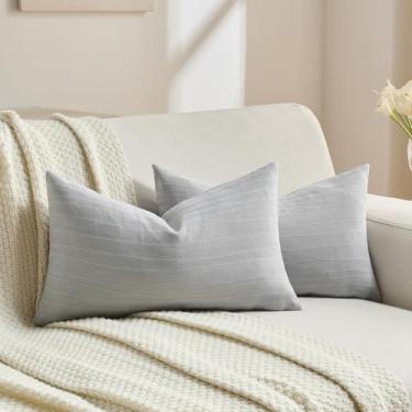 Imagem de FUTEI Capas de almofada decorativas de chenille cinza claro 30 x 50 cm conjunto de 2, fronhas de almofada lombar com textura listrada macia e esmagada, decoração de casa moderna para sofá-cama sala de