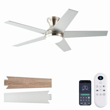 Imagem de Ayaoty Ventiladores de teto com luzes, ventilador de teto de perfil baixo de 122 cm com luz e controle remoto, montagem embutida, motor reversível, regulável, sem ruído, ventilador de teto de níquel