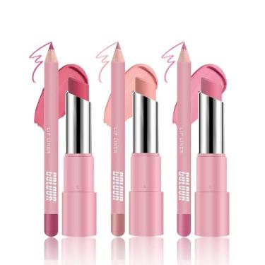 Imagem de Conjunto de 6 peças de delineador labial e batom fosco roxo claro rosa nude, kit de lábios com delineador labial, manchas labiais de longa duração, à prova d'água, à prova de manchas para mulheres