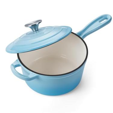 Imagem de Onader Panela de ferro fundido esmaltado de 2 litros, panela pequena de ferro fundido para cozinhar, panela de cozinha de forno holandês esmaltada – azul lago