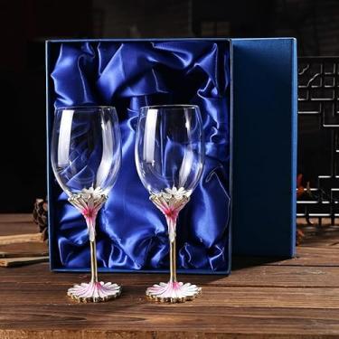 Imagem de Simcat Taças de vinho esmaltadas pintadas à mão em vidro transparente refinado, haste para cabernet, presentes (caixa de presente dupla rosa, flor pequena)