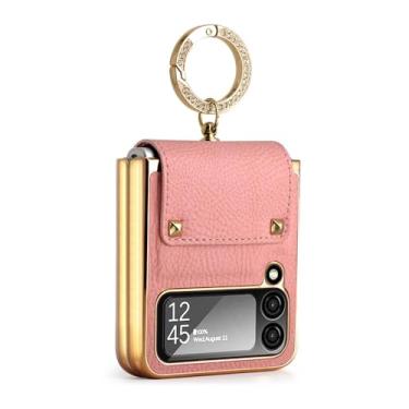 Imagem de Capa de couro liso para Samsung Galaxy Z Flip 6 5 4 3 5G Suporte de anel revestido com lente de vidro capa de filme para Z Flip5 Flip6, rosa, para Galaxy Z Flip 3